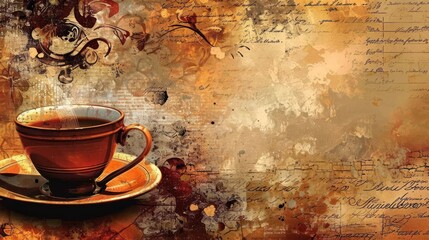 a cup of coffee on vintage grunge background wallpaper. lot of free blank copy space for own text or ad. Generative AI - obrazy, fototapety, plakaty
