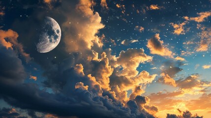 Fototapeta na wymiar dark blue sky in the evening clouds. giant beautiful moon. wallpaper background 16:9. generative ai