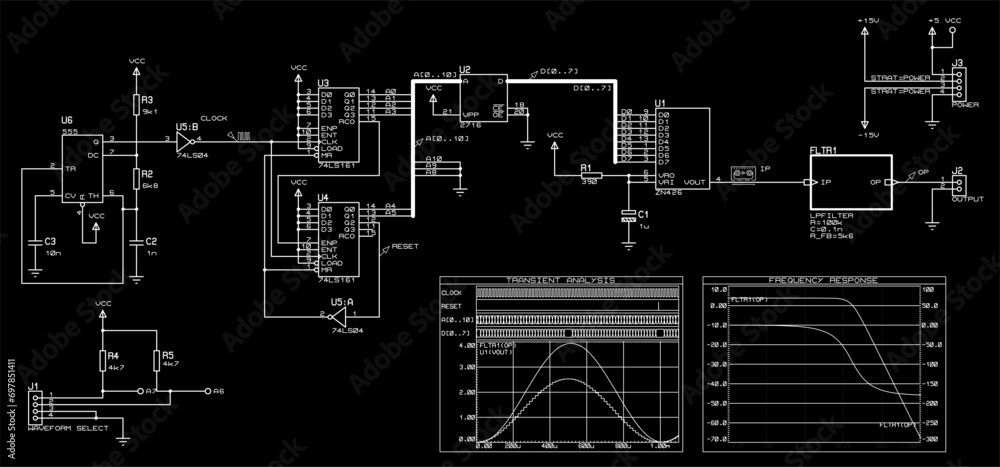Poster vector electrical schematic circuit of a digital electronic device and signal graphics (transient an