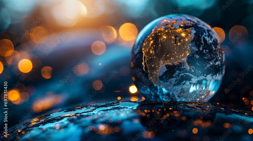 Wall mural abstract holographic world globe with many connection points symbolizing social media and life for b