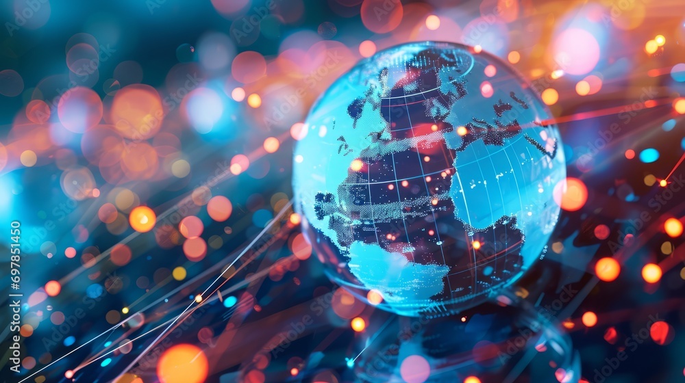 Wall mural abstract holographic world globe with many connection points symbolizing social media and life for b