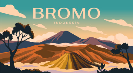 Landscape with Bromo volcano. Banner with famous natural Indonesian landmark. Beautiful scenery with mountains and morning sky. Tourism, travel and journey. Cartoon flat vector illustration