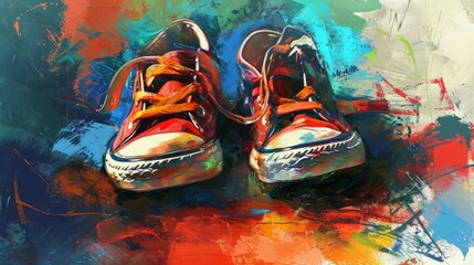 colorful orange sneakers on the ground with paint. wallpaper background
