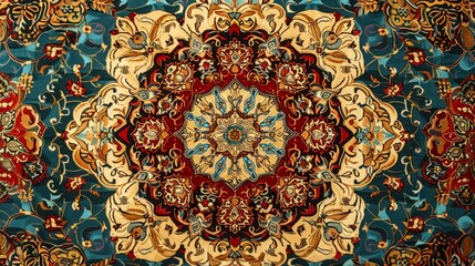 a vintage texture pattern persian iranian carpet on a floor. wallpaper background. Generative AI