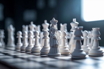 3D white chess pieces on a board. Generative AI