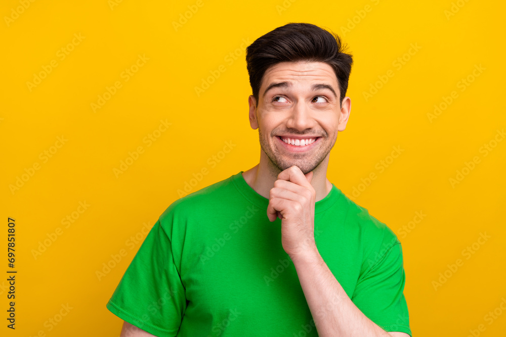 Sticker portrait of young attractive guy in green t shirt looking interested novelty for startup business pl