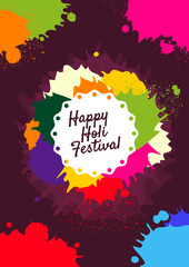 Happy Holi Festival poster. Bright banner or cover with spots, splashes and blast of multicolored powder. Greeting card to celebrate traditional Indian holiday. Cartoon flat vector illustration