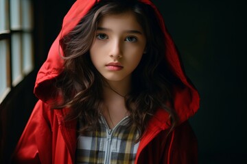 Portrait of a cute little girl in a red hoodie.