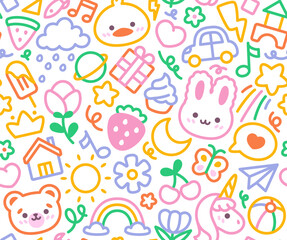 Funny childrens seamless pattern. Repeating doodle or scribble template with cute kid drawings. Design element for textile or wallpaper. Cartoon flat vector illustration isolated on white background