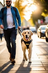 A guide dog on the street in the city leads a man
