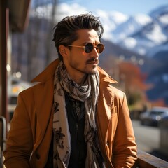 Hombre atractivo con gafas y barba con vestimenta de invierno elegante, millonario, adinerado, con montaña nevada de fondo. Generado con tecnología IA