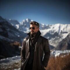 Naklejka premium Hombre atractivo con gafas y barba con vestimenta de invierno elegante, millonario, adinerado, con montaña nevada de fondo. Generado con tecnología IA