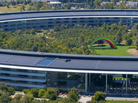 Aerial view of the main Apple office building - a space ship in California, USA.