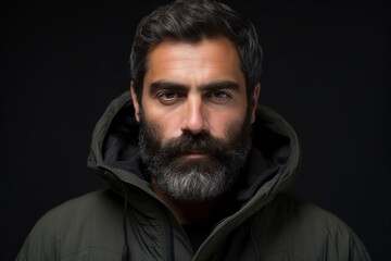 Portrait of a handsome bearded man in a jacket on a dark background