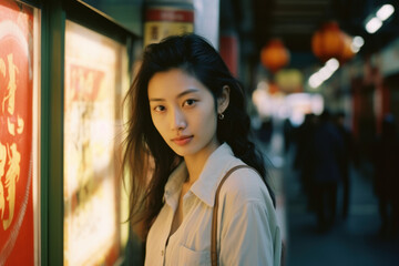 cinematic street style fashion portrait headshot of an attractive asian/chinese/korean woman young adult model in vintage portra film photography magazine editorial style