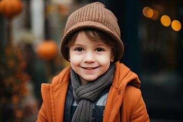 Cute little girl in a hat and coat on the background of autumn street