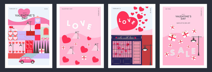 Happy Valentines Day banner or poster set. Trendy design with typography, city, lights, hearts and gifts. Valentine's day concept for greeting card, celebration, ads, branding, cover, label, sales.