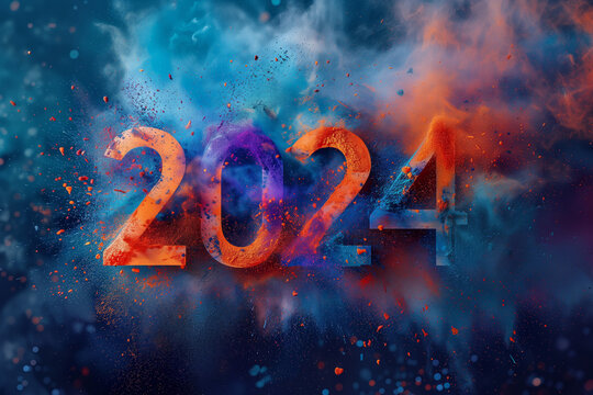 An explosion of colorful paint powder in the shape of the number '2024' - transitioning into the new year, a calendar holiday