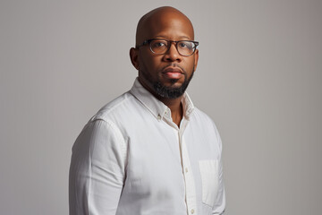 Professional African-American businessman of middle age, in casual office style and strict glasses, gray empty background, copy space - executive manager, proud lawyer, businessman leader