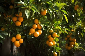 Citrus fruit hanging from branches. Generative AI