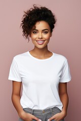 Young Confident Woman Smiling and Wearing a Blank T-shirt Standing in Front of a Monocolor Background, Print on Demand Template, Fashion Portrait, People Wearing Clothing with Print Copy Space