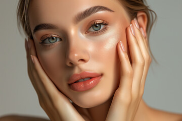 A beautiful portrait of a woman for organic skincare product commercial, showcasing the essence of natural beauty and wellness - perfect skin, self-caring