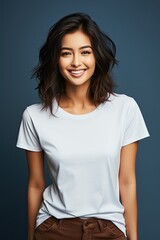 Fototapeta premium Young Cheerful Brunette Woman Smiling and Wearing a Blank T-shirt Standing in Front of a Blue Background, Print on Demand Template, Fashion Portrait, People Wearing Clothing with Print Copy Space