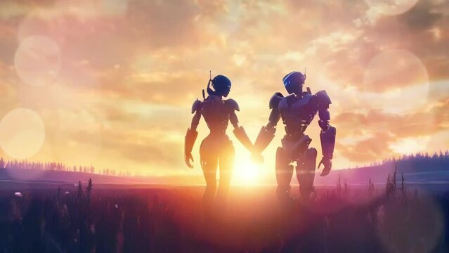 Silhouette couple of robot at fantasy sunset, Seamless Animation Video Background in 4K Resolution