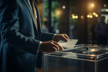 Businessman Casting Vote in Ballot Box at Event. Generative ai