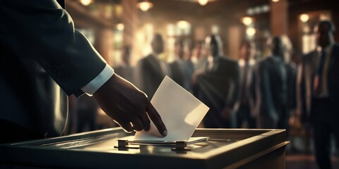 Businessman Casting Vote in Ballot Box at Event. Generative ai - obrazy, fototapety, plakaty