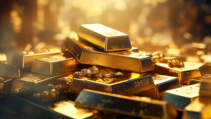 Close-Up Shot of Stacked Gold Bars with Rich Details and Reflections