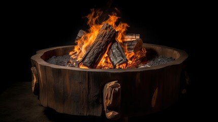 A fire pit with logs and flames on a black background. Fire flames on black background. For art work design, banner or backdrop. Flames against a black background. Fire concept. dangerous concept. Art - Powered by Adobe