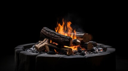 A fire pit with logs and flames on a black background. Fire flames on black background. For art work design, banner or backdrop. Flames against a black background. Fire concept. dangerous concept. Art