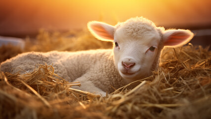 Golden Sunset over a Stable with a Newborn Lamb on Straw