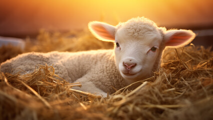 Obraz premium Golden Sunset over a Stable with a Newborn Lamb on Straw