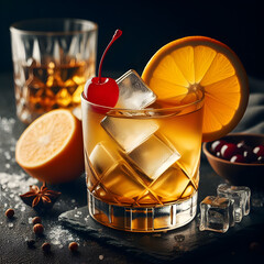 Whiskey sour cocktail with garnish served on the rocks - obrazy, fototapety, plakaty