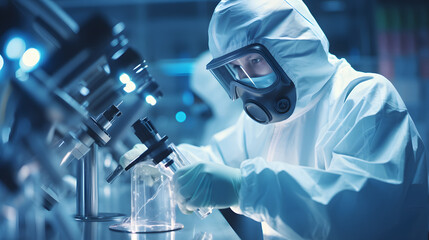 Photograph of a scientist testing chemicals in a test tube in a laboratory, wearing a chemical protective suit, microscope.