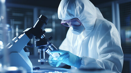 Photograph of a scientist testing chemicals in a test tube in a laboratory, wearing a chemical protective suit, microscope.