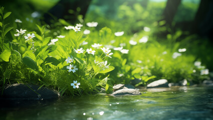 Obraz na płótnie Canvas Macro Photography of Stream, Green Leaves, Flowers, and Sunlight in Spring