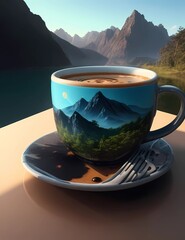 Crea una imagen abstracta de un tapiz de un paisaje emergiendo de una taza de café con el nombre "Alicia"3D Ultradetallado. Hiperrealistav