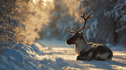 Reindeer resting on a snowy road in Lapland