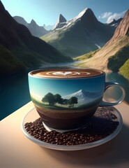 Crea una imagen abstracta de un tapiz de un paisaje emergiendo de una taza de café con el nombre "Alicia"3D Ultradetallado. Hiperrealistav