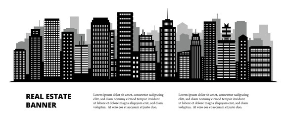 Real estate banner with urban cityscape, black buildings and gray silhouettes on transparent background, editable stand alone buildings for your design, copy space