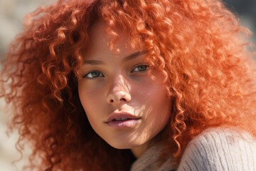 Close up portrait of a beautiful young redhead woman with curly hair