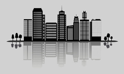 Modern urban landscape concept with black detailed skyskrapers and tree silhouettes, editable vector banner with reflection on gray background