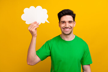 Photo of young attractive handsome young man has idea holding bubble cloud copyspace with speech...