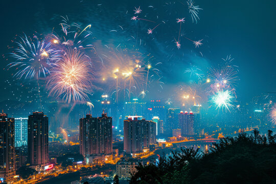 Fireworks over city skyline, a spectacular image of fireworks illuminating the night sky above a cityscape during Chinese New Year, providing a dazzling backdrop with copy space.