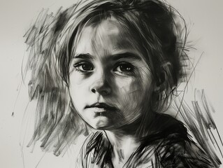Portrait of a girl. Charcoal sketch drawing