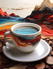 Crea una imagen abstracta de un tapiz de un paisaje emergiendo de una taza de café con el nombre "Alicia"3D Ultradetallado. Hiperrealistav