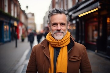 Portrait of a handsome middle-aged man with gray hair wearing a brown coat and yellow scarf walking...